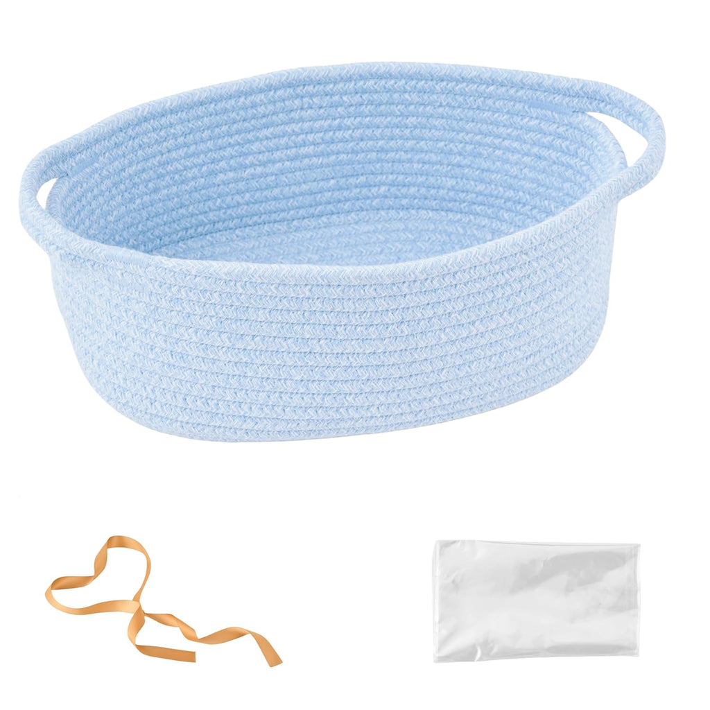Small Woven Easter Basket - Decorative Rope Storage Organizer with Gift Bag & Ribbon | 12"x8"x5", Blue