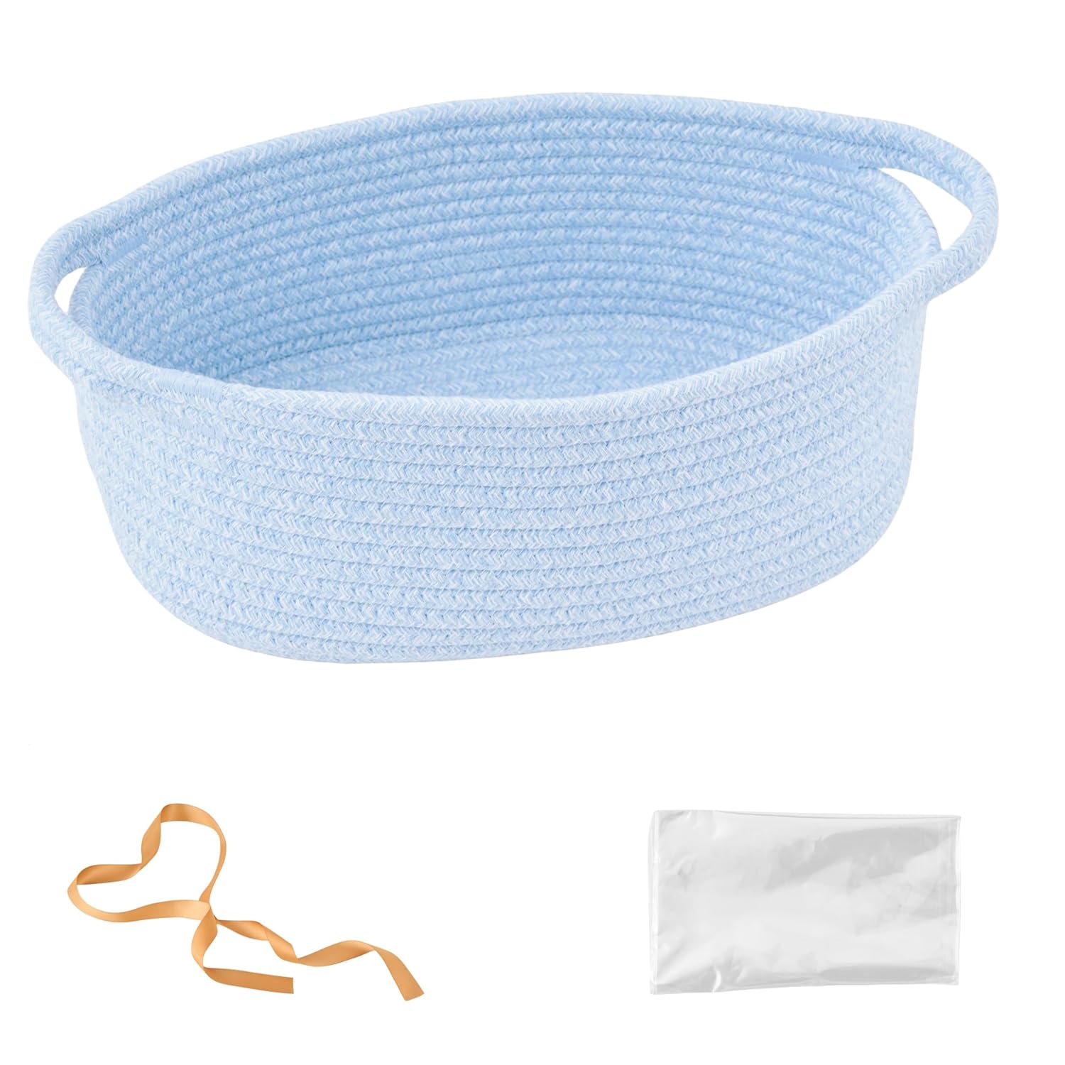 Small Woven Easter Basket - Decorative Rope Storage Organizer with Gift Bag & Ribbon | 12"x8"x5", Blue