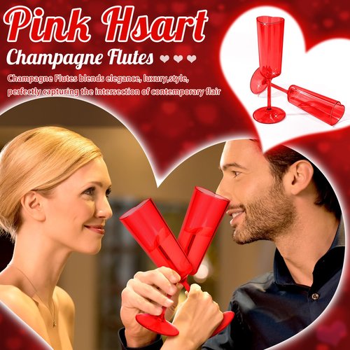 Teenyyou 6 Pcs Valentine's Day Red Champagne Flutes 6 oz Heart Shaped Acrylic Champagne Flutes Valentine's Day Party Wine Cups Red Goblets Glasses for Wedding Anniversary New Year Party Supply