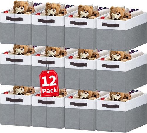 Criusia Large Fabric Storage Baskets - 12 Pack Grey Collapsible Organizers with Handles | 14"x10"x9.5" for Home & Nursery