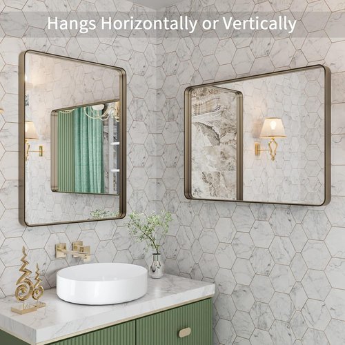 LOAAO Bronze Bathroom Mirror - 20”x30” Rounded Rectangle with Anti-Rust Brushed Metal Frame | Versatile Hanging Options