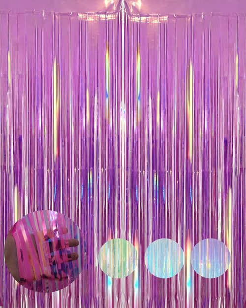 Iridescent Rose Pink Party Streamers - 2 Pack Neon Transparent Holographic Tinsel Backdrop | 3.31 x 6.6 ft