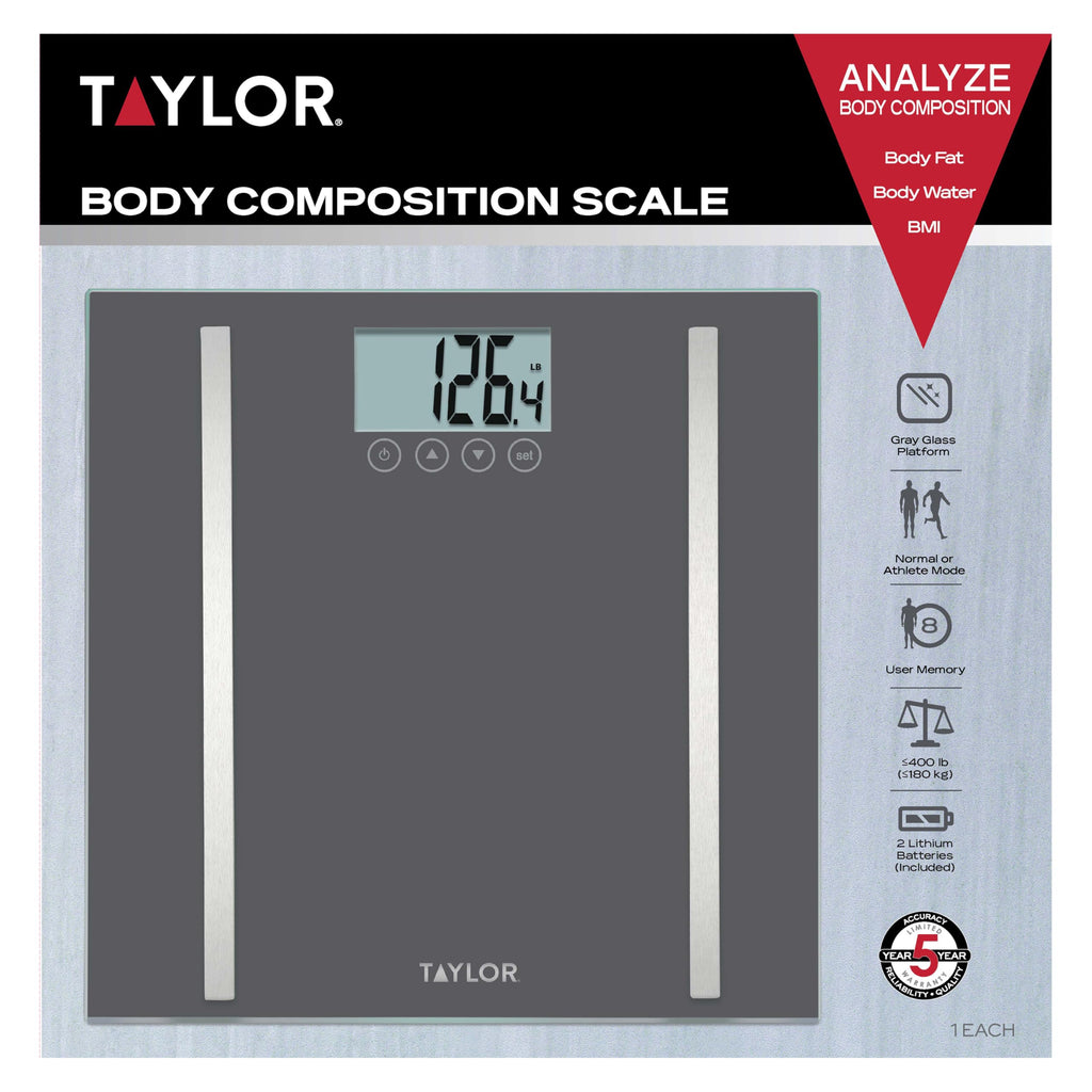 Taylor Digital Body Composition Scale, Bathroom Scale for Body Weight, Measures Body Fat, Body Water & Muscle Mass, 8 User Recognition, Normal & Athlete Modes, 400 lb Capacity, Black
