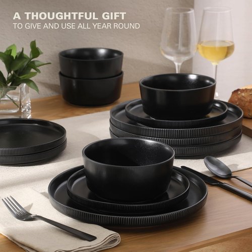 Gibson Home Dempsey Road 12-Piece Dinnerware Set - Modern Black Stoneware, Service for 4, Microwave & Dishwasher Safe