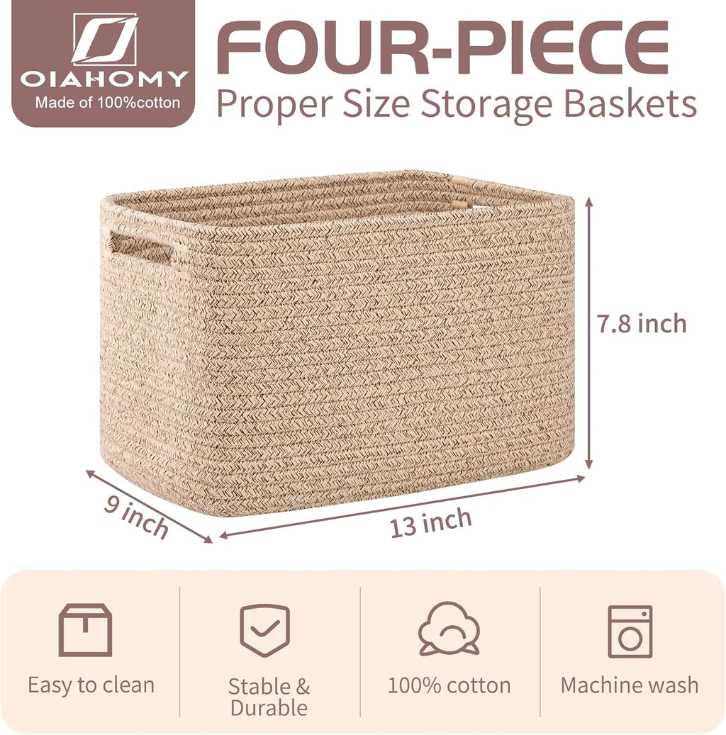 OIAHOMY Storage Baskets - 4 Pack Woven Organizing Bins with Handles | 12.7''L x 9''W x 7.8''H, Brown