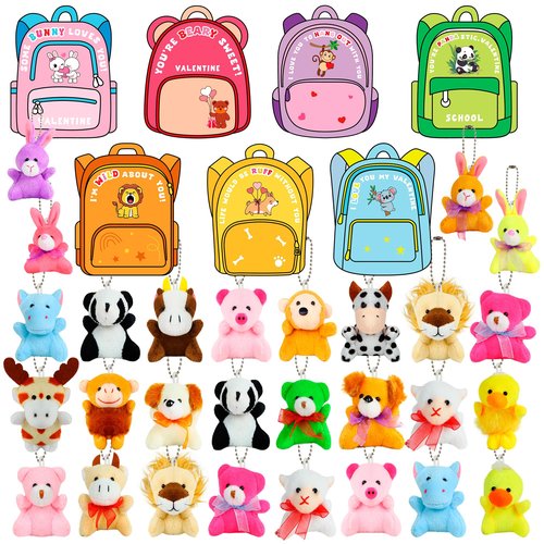 Valentines Day Gifts for Kids, 28 Pack Valentines Cards with Animals Plush Toys, Mini Stuffed Animal Keychain Bulk for Classroom Exchange School Prizes Valentine's Party Favor for Toddlers Boys Girls