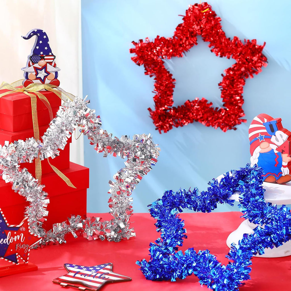 Patriotic Tinsel Wreath by [Brand Name] - 3 Pcs Red, White & Blue Decor for Independence Day & Memorial Day