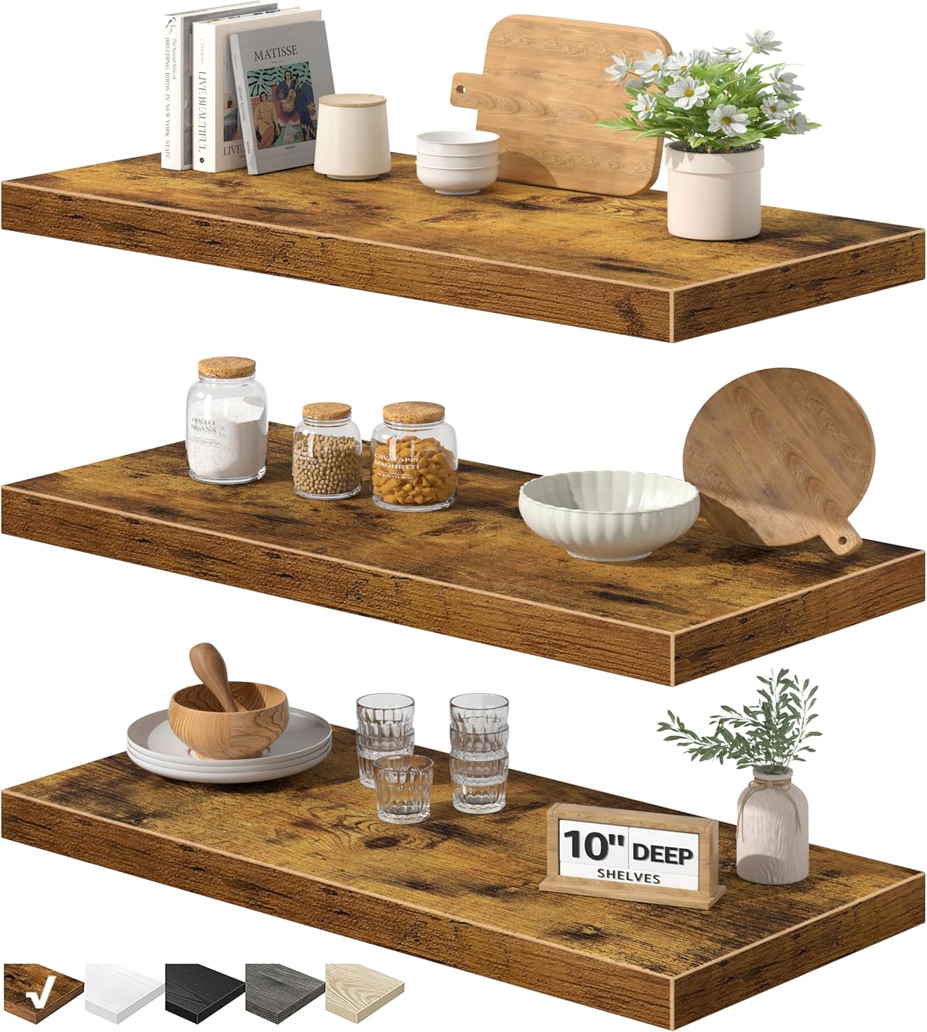 QEEIG 10" Deep Floating Shelves - Rustic Brown Wall-Mounted Bookshelf Set of 3 for Bathroom, Bedroom, Kitchen, Living Room