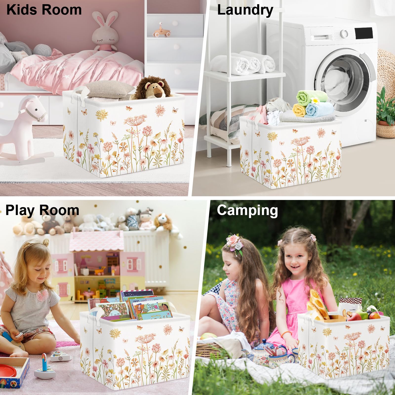 Clastyle Boho Flower Nursery Bin Spring Summer Wildflower Floral Dandelion Plant Butterfly Baby Girl Gift Basket Rectangle Clothes Towel Basket Book Toy Chest