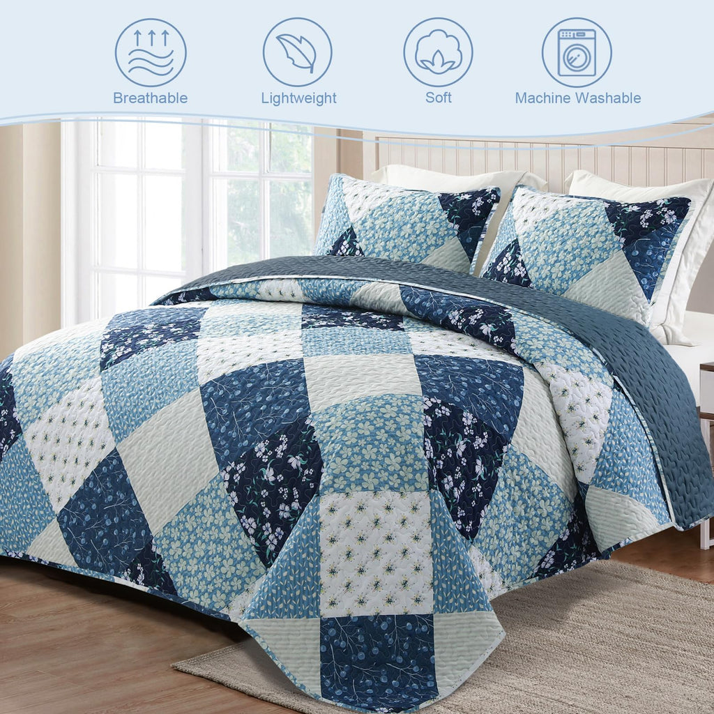 Exclusivo Mezcla Reversible Boho Quilts Twin Size, Blue Bedspreads Lightweight Coverlet All Season Patchwork Quilt Bedding Set with Printed Floral Pattern (1 Quilt, 1 Pillow Sham)