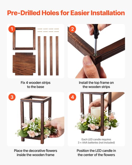 VEVOR 20 Set/60 Pcs Wooden Wedding Lantern Centerpiece, Includes 20 Wooden Lantern Candle Holder 20 Flameless LED Candle 20 Champagne Flower Wreath for Wedding Table Party Farmhouse Decor, Brown