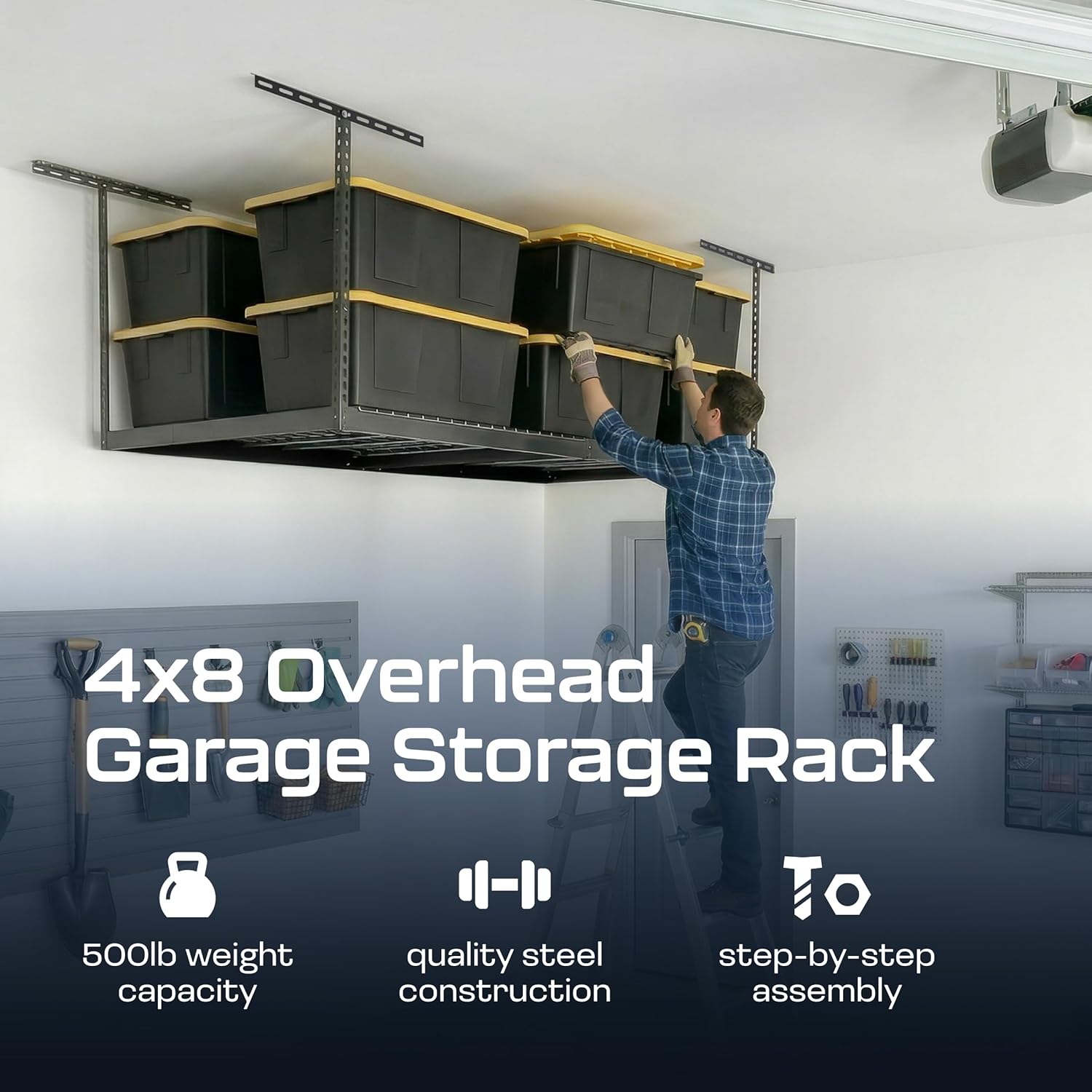 MonsterRax Overhead Garage Storage Rack - 4x8 Ceiling Shelving System with Adjustable Height 24"-45" - Grey
