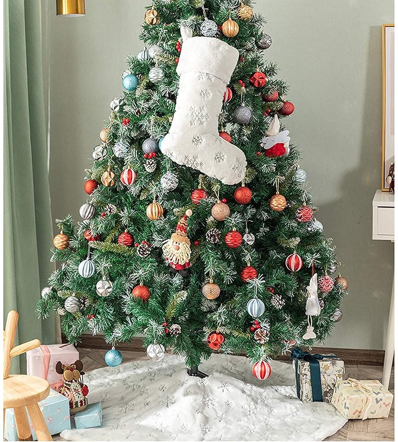 Luxury Snowy White Plush Christmas Tree Skirt 57 Inches with Silver Snowflakes