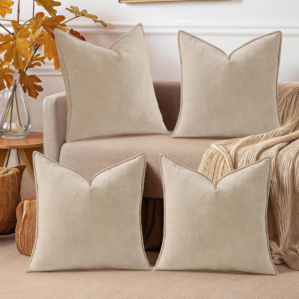 decorUhome Summer Set of 4 Beige Couch Throw Pillow Covers 18x18, Decorative Soft Neutral Chenille Pillow Covers with Elegant Design for Living Room Bed Sofa