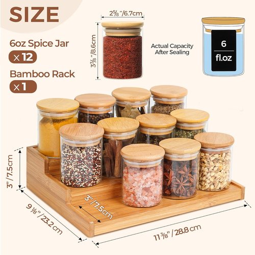 ComSaf Bamboo Spice Rack - 3-Tier Organizer with 12 x 6oz Jars & Labels for Kitchen Pantry