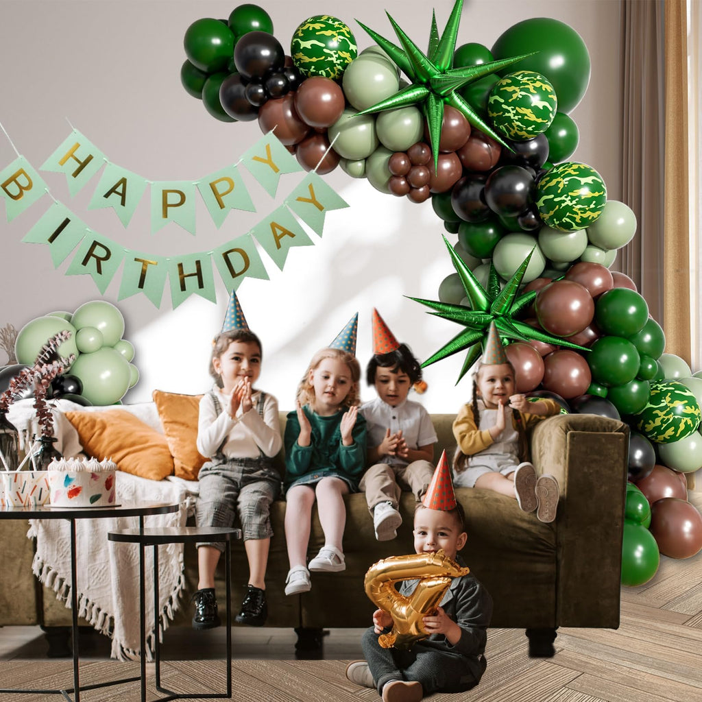 137pcs Camo Balloon Arch Garland Kit, Dark Green and Brown Balloon Arch Kit with Brown Sage Green Black Foil Balloons for Jungle Hunting Camo Birthday Party Decorations