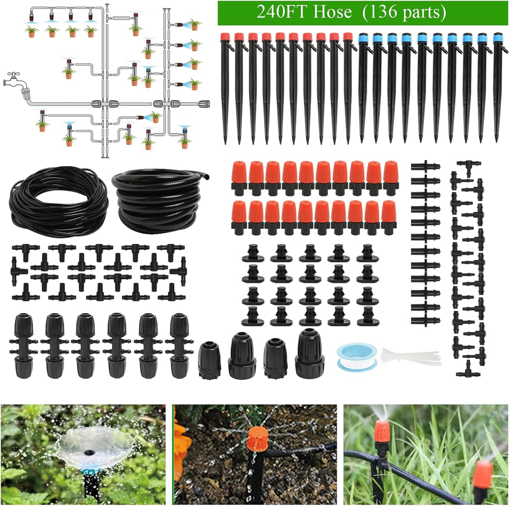 Maotong Drip Irrigation System Kit - Automatic Garden Watering for Greenhouse & Lawn | 240FT with 1/2" Hose & Accessories