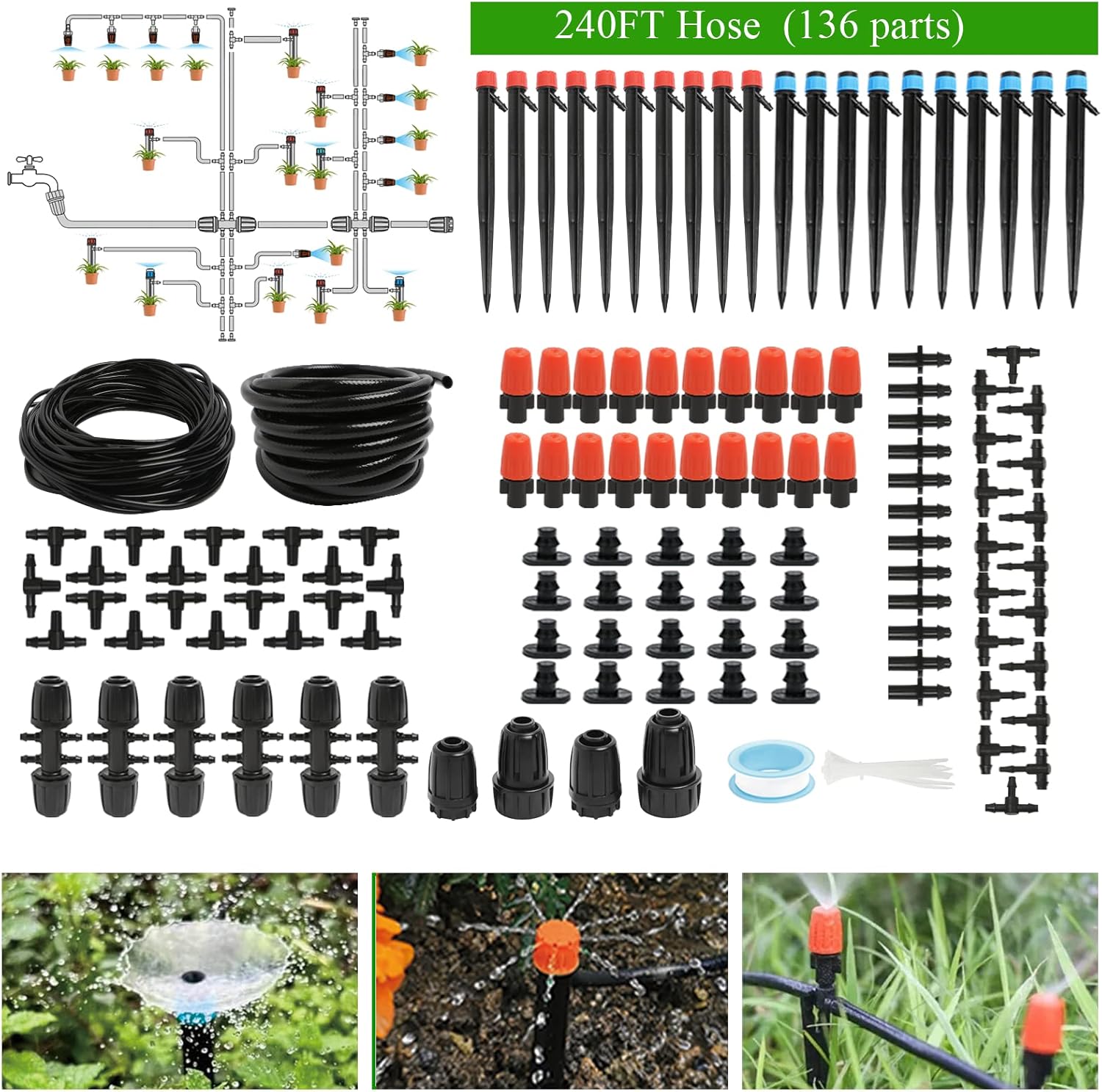 Maotong Drip Irrigation System Kit - Automatic Garden Watering for Greenhouse & Lawn | 240FT with 1/2" Hose & Accessories