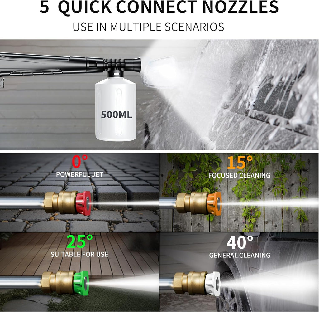 Skiennix Pressure Washer 5000 PSI - Adjustable 8-Level Touch Screen, 34" Tall, 4 Nozzles & Foam Cannon