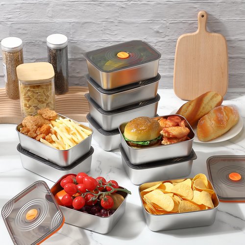 Layhit 16 Sets 34oz Stainless Steel Food Storage Containers with Lids Large Reusable Stackable Metal Container Outdoor Rectangle Fruit Lunch Box for Picnic Travel Dishwasher and Freezer Safe