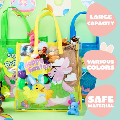 JOYIN 6 Pcs Easter Party Favor Supplies Gift Bags For Kids, 13" x 13" x 4" Big Size Non Woven Goodie Reusable Easter Rabbit Bunny Party Treat Bags with Handles for Egg Hunt