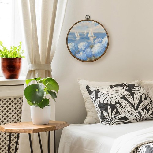 **Qskjre Coastal Hydrangea Sailboat Wall Art - Nautical Blue Floral Canvas Decor | 10x10 Inch Framed Print**