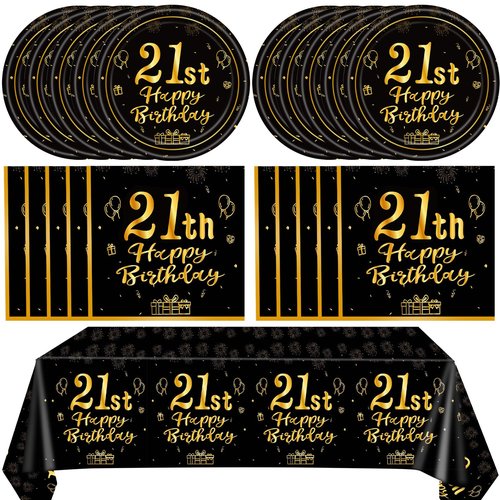 41Pcs Black and Gold 21st Birthday Decorations Disposable Tableware Set: Plates, Napkins, and Tablecloth 21st Birthday Party Supplies for Men Women Serves 20 Guests