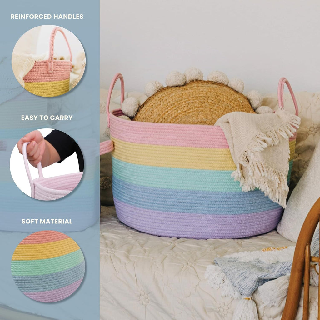 OrganiHaus Rainbow Blanket Basket - Extra Large Woven Laundry & Toy Storage Bin | 20"x13" Soft Round Design