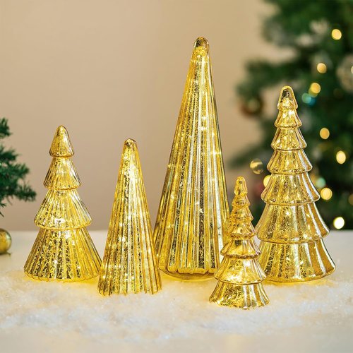 Hewory Gold Christmas Tree Decorations - Set of 5 Glass Tabletop Trees with LED Fairy Lights | Glitter Mercury Glass Holiday Decor
