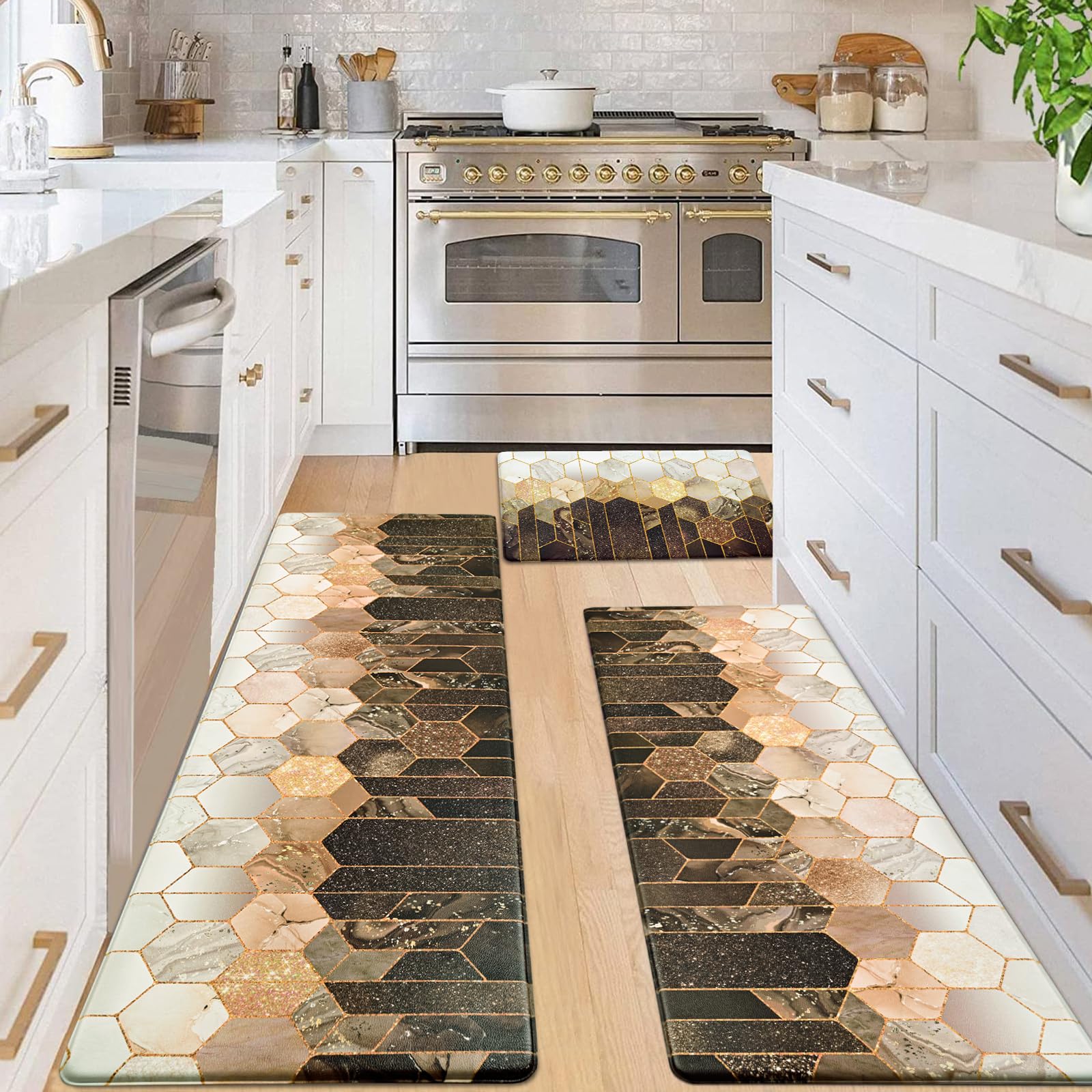 Likiyol Marble Kitchen Mats for Floor [3 PCS] Anti Fatigue Mats for Kitchen Floor, Brown Gold Ombre Kitchen Rugs Non Slip Washable Comfort Kitchen Floor Mat, 18'' x 30'' + 18'' x 48'' + 18'' x 60''
