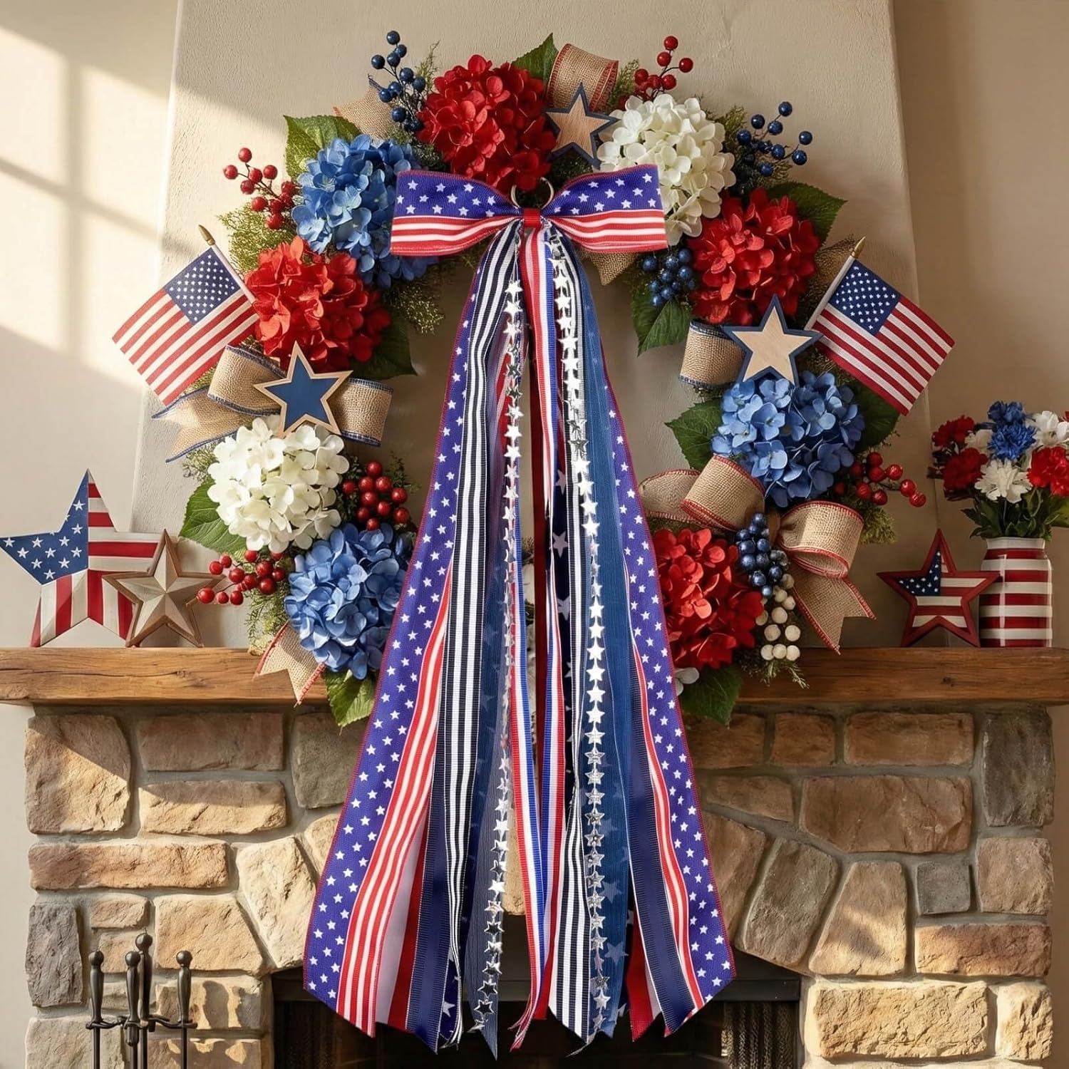 YKW Patriotic Wreath Sash - 27.5" Red, White & Blue Ribbon Bundle with Star Charm for 4th of July Decor