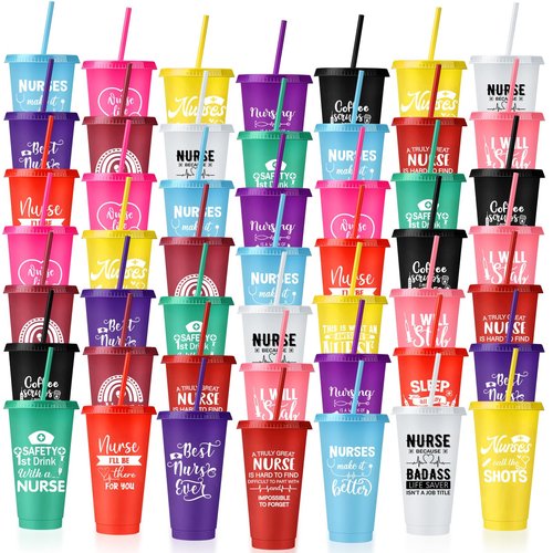 Bokon 50 Pcs Nurse Appreciation Tumbler with Straw and Lid, Bulk Nurse Week Gifts, 24 oz Reusable Plastic Cup, Multicolor Iced Water Bottle, for Appreciation & Graduation(Classic Style)