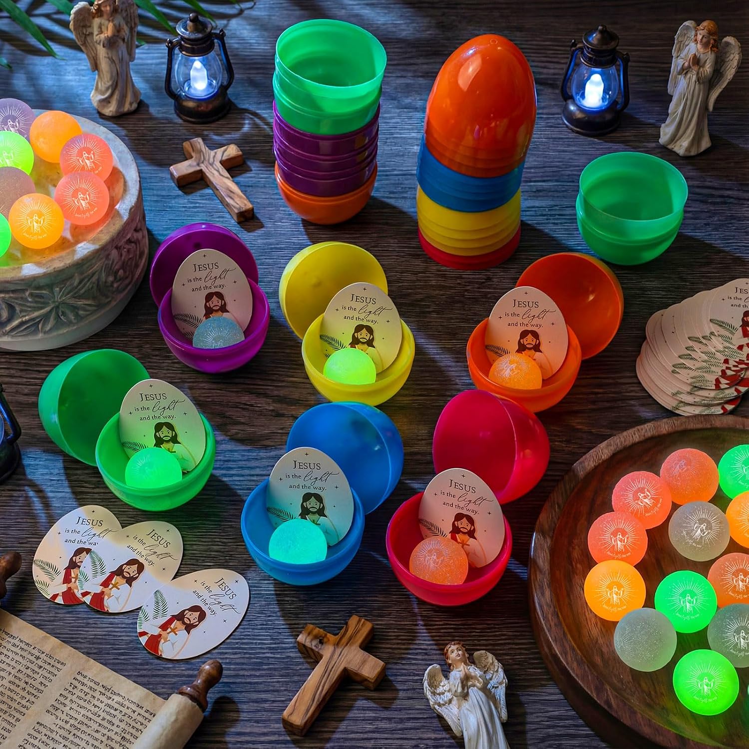 Wettarn 24-Piece Christian Easter Egg Set - Glow in The Dark Bouncy Balls & Cards for Easter Baskets