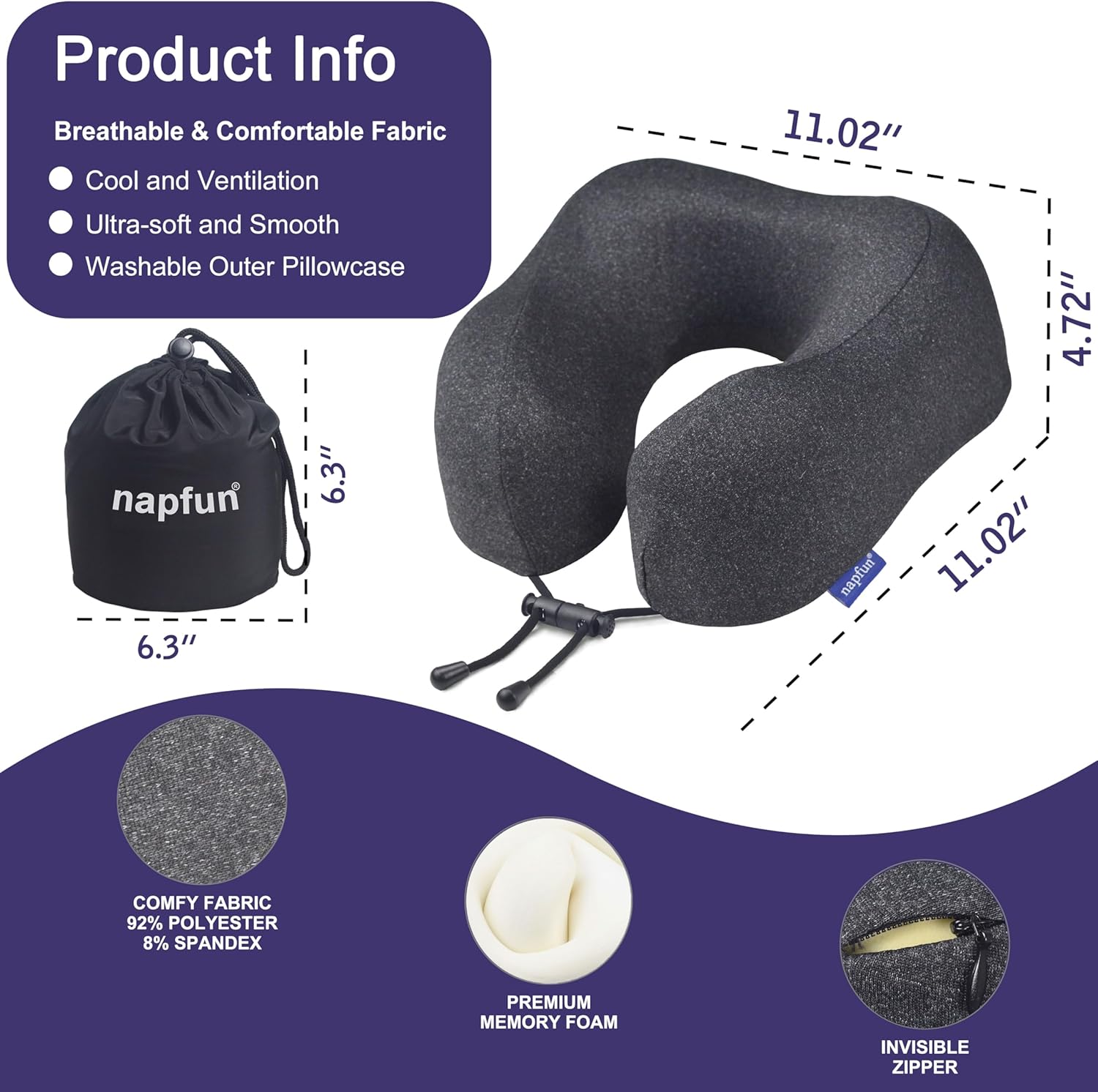 Napfun Neck Pillow - Upgraded 100% Pure Memory Foam Travel Pillow for Airplane | Portable Black Headrest