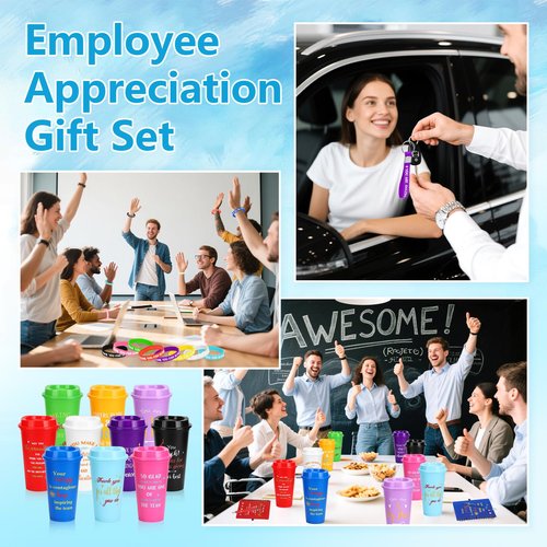 141Pcs/20Set Employee Appreciation Gift Bulk Inspirational Thank You Gift with 16oz Plastic Tumblers Notebooks Pen Silicone Bracelets Keychain for Christmas Team Staff Teacher Nurse Coworker Volunteer