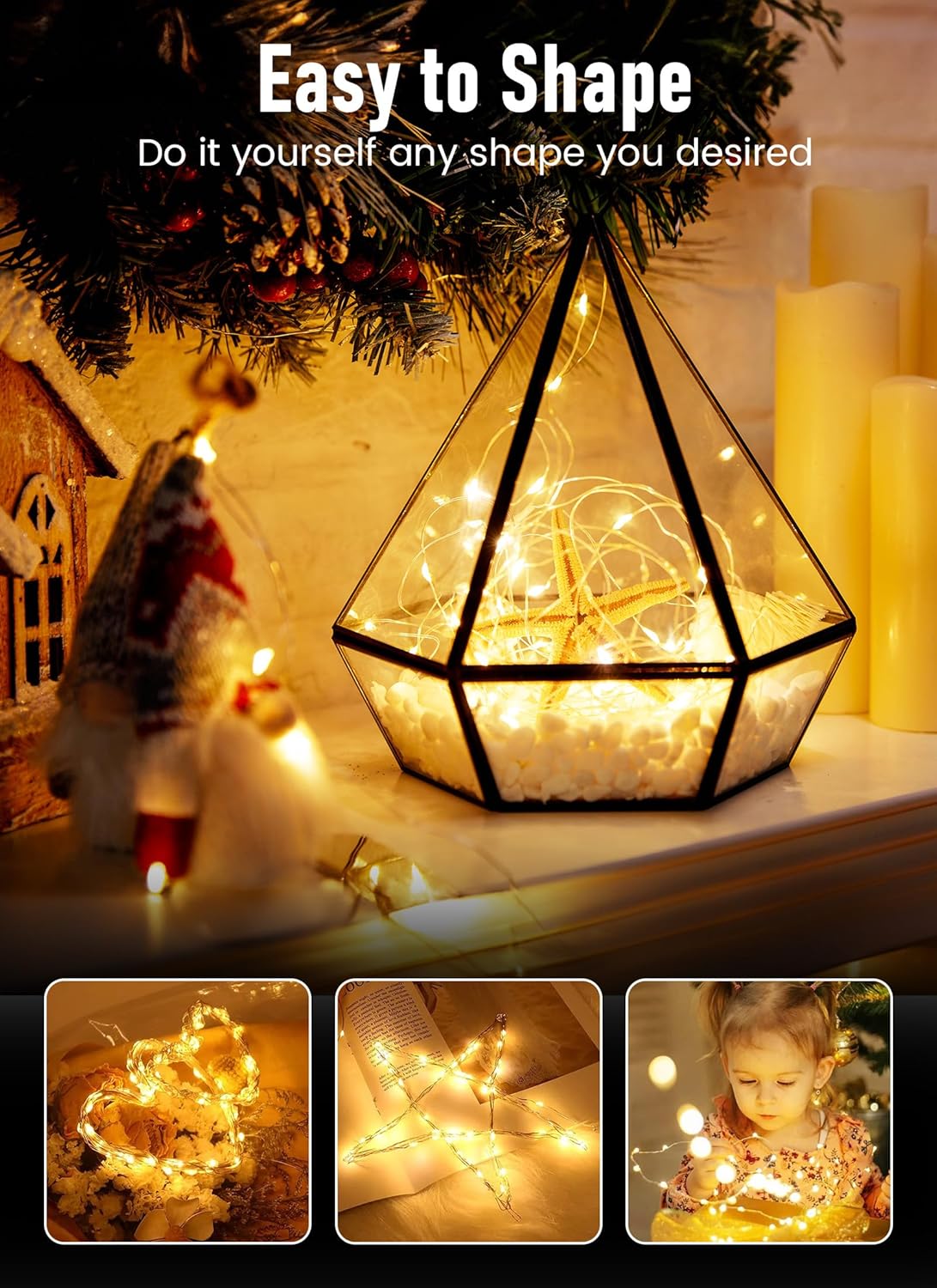Minetom Fairy String Lights - 33Ft 100 LED Battery Operated Copper Wire Twinkle Lights for Weddings & Parties