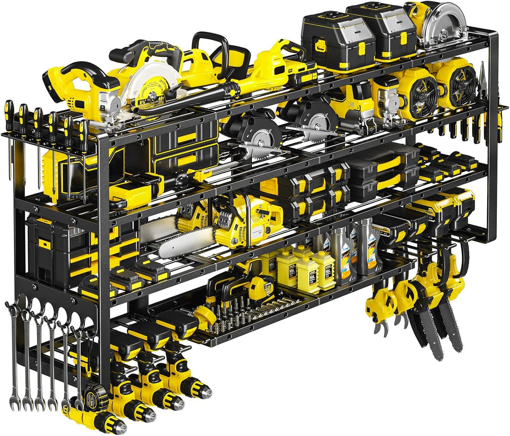 POKIPO Extra Large 64" Power Tool Organizer - Heavy Duty 4-Tier Garage Storage Rack with 8 Drill Holders | 1000 lbs Load Capacity