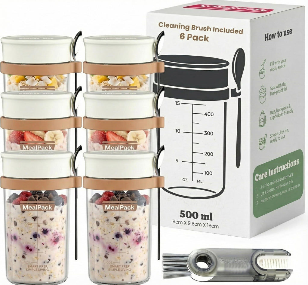 Overnight Oats Containers with Lids and Spoons (4 Pack) – 12oz Glass Jars for Yogurt Meal Prep, Chia Pudding & Snacks – Leakproof Airtight Mason Jar Set – Portable Food Storage with Cleaning Brush