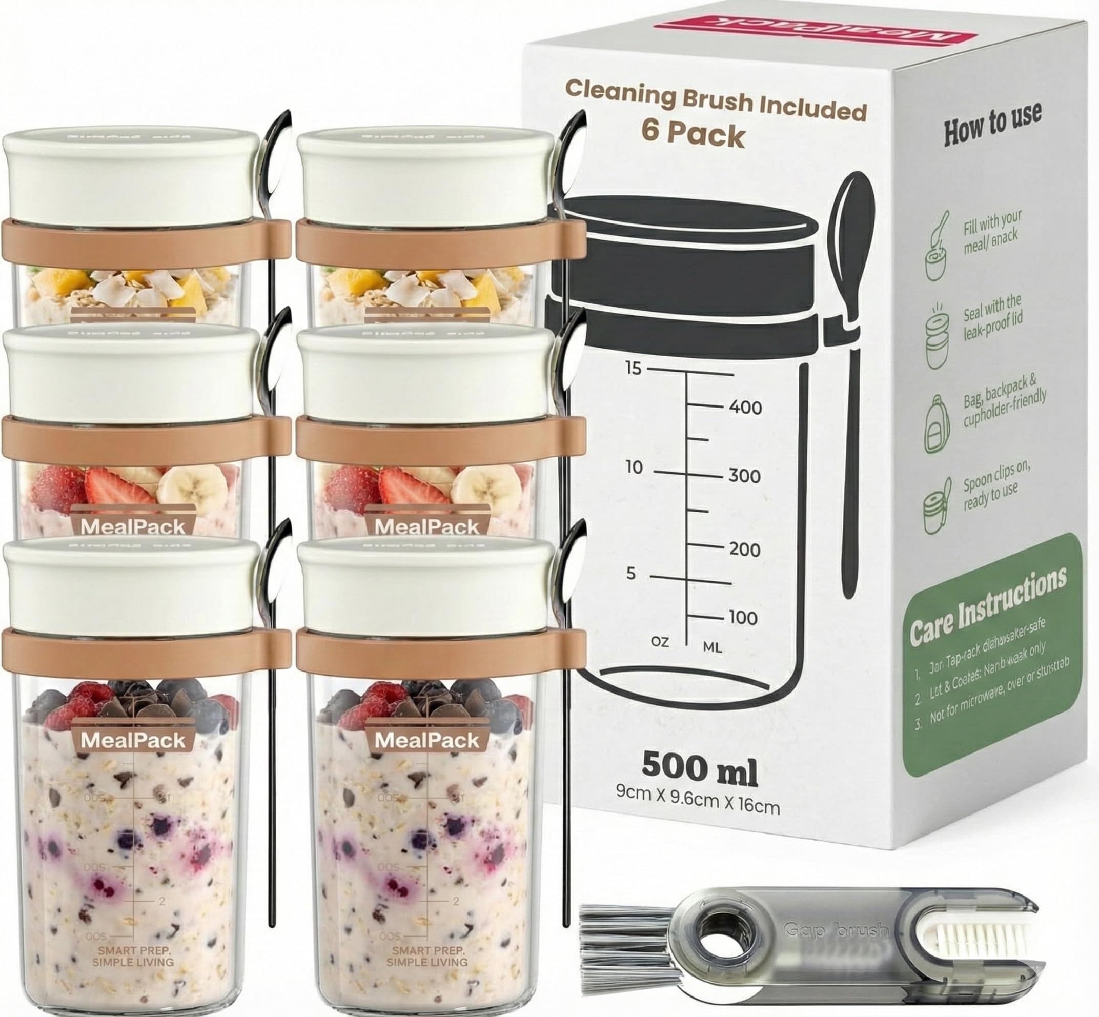 Overnight Oats Containers with Lids and Spoons (4 Pack) – 12oz Glass Jars for Yogurt Meal Prep, Chia Pudding & Snacks – Leakproof Airtight Mason Jar Set – Portable Food Storage with Cleaning Brush