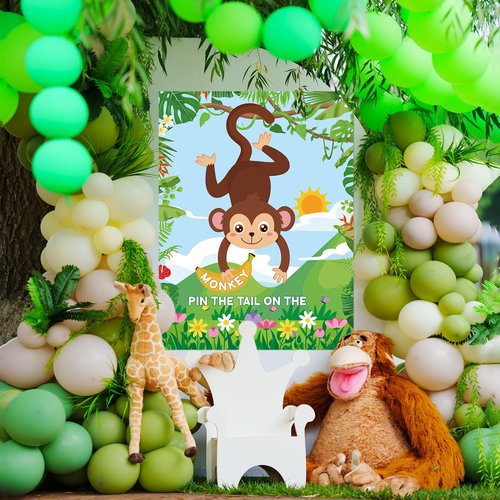 Faccito Jungle Animal Games Pin The Tail on The Monkey Safari Animal Birthday Party Games with Monkey Poster 24 Pcs Tail Stickers and Blindfold for Safari Jungle Zoo Forest Party Decorations Supplies