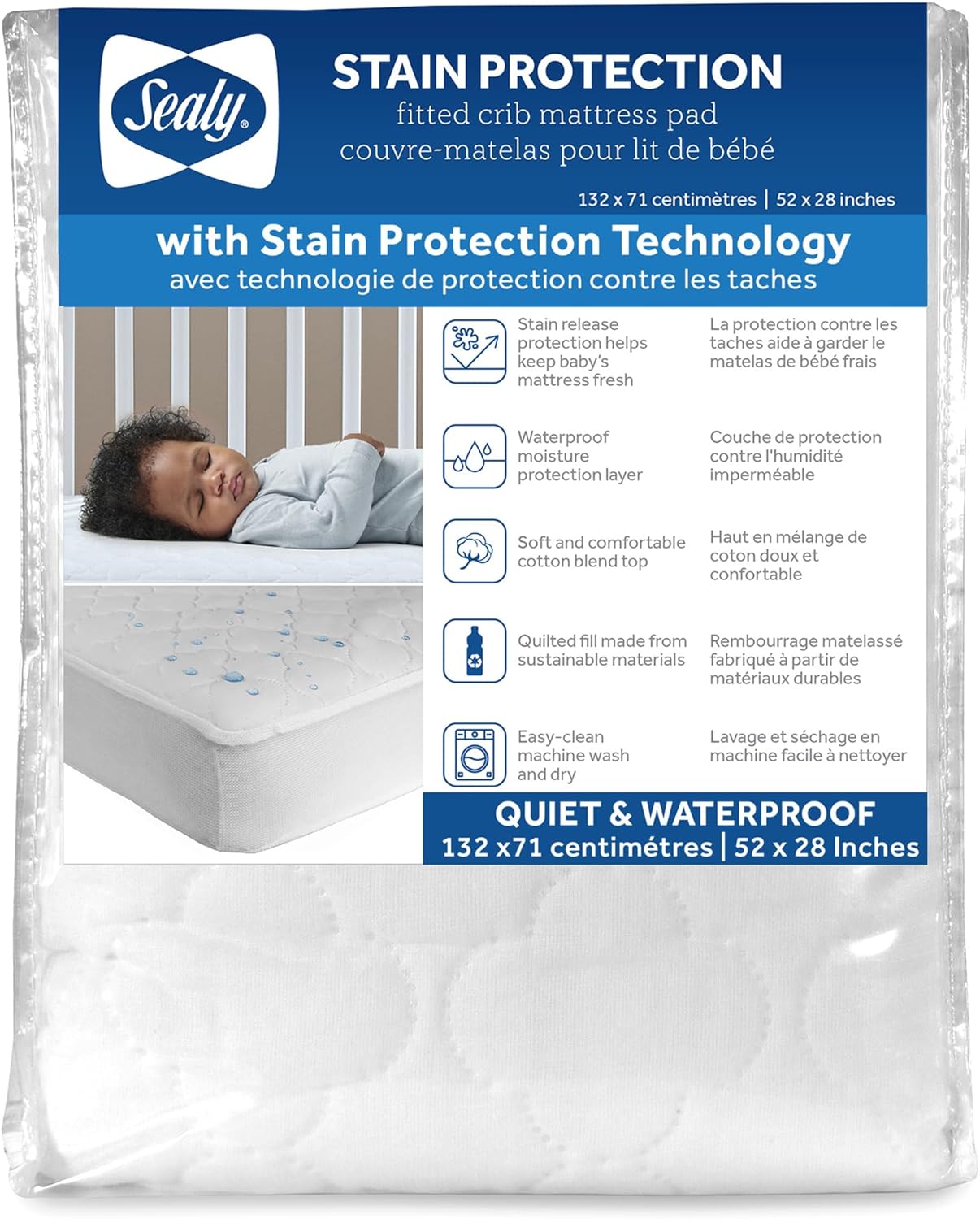 Sealy Baby Waterproof Crib Mattress Protector - Noiseless Quilted Cotton-Blend Cover, 52 x 28, White