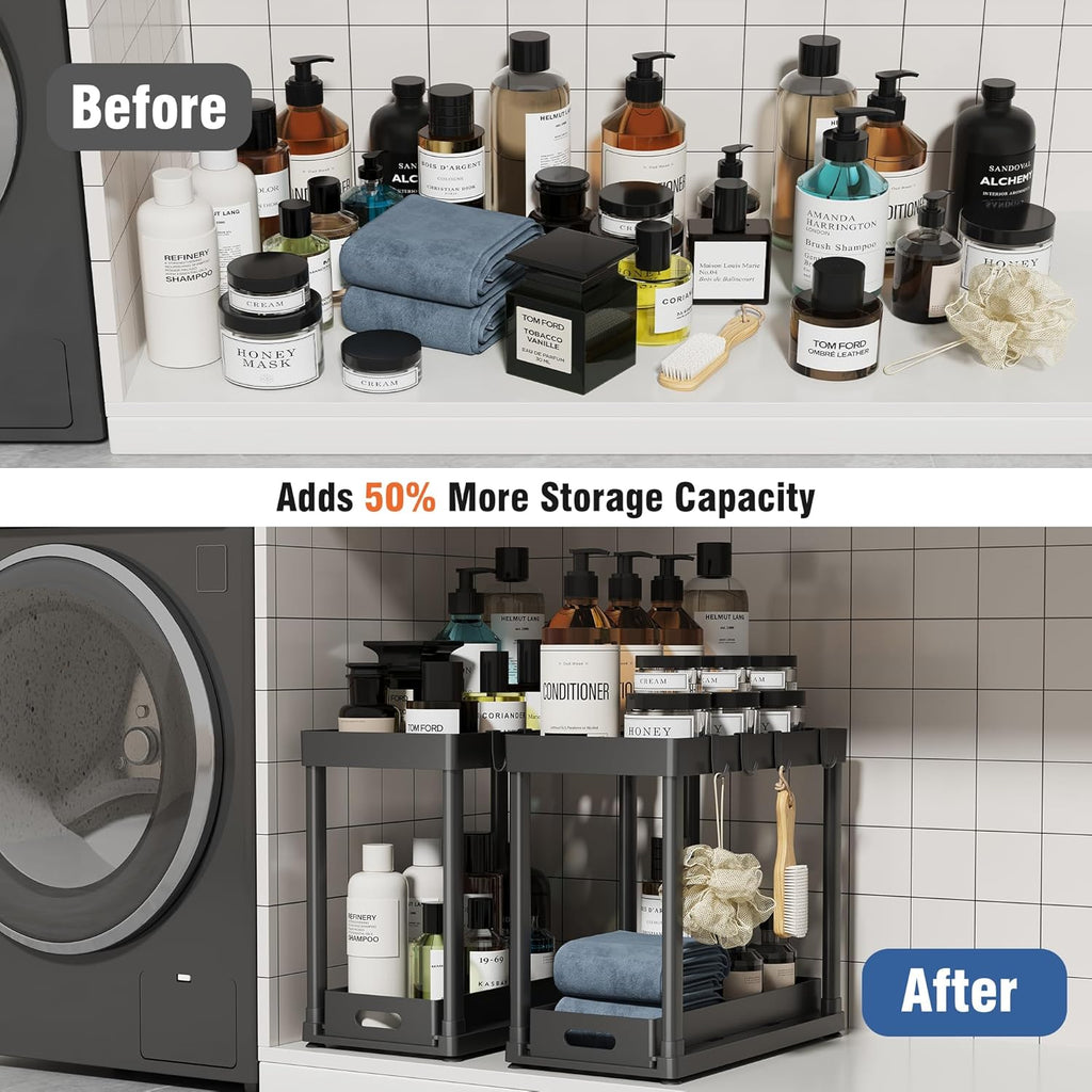 Skiennix Pull-Out Storage Organizers - Multi-Purpose Under Sink Solution for Bathroom & Kitchen | Black, 2 Pack
