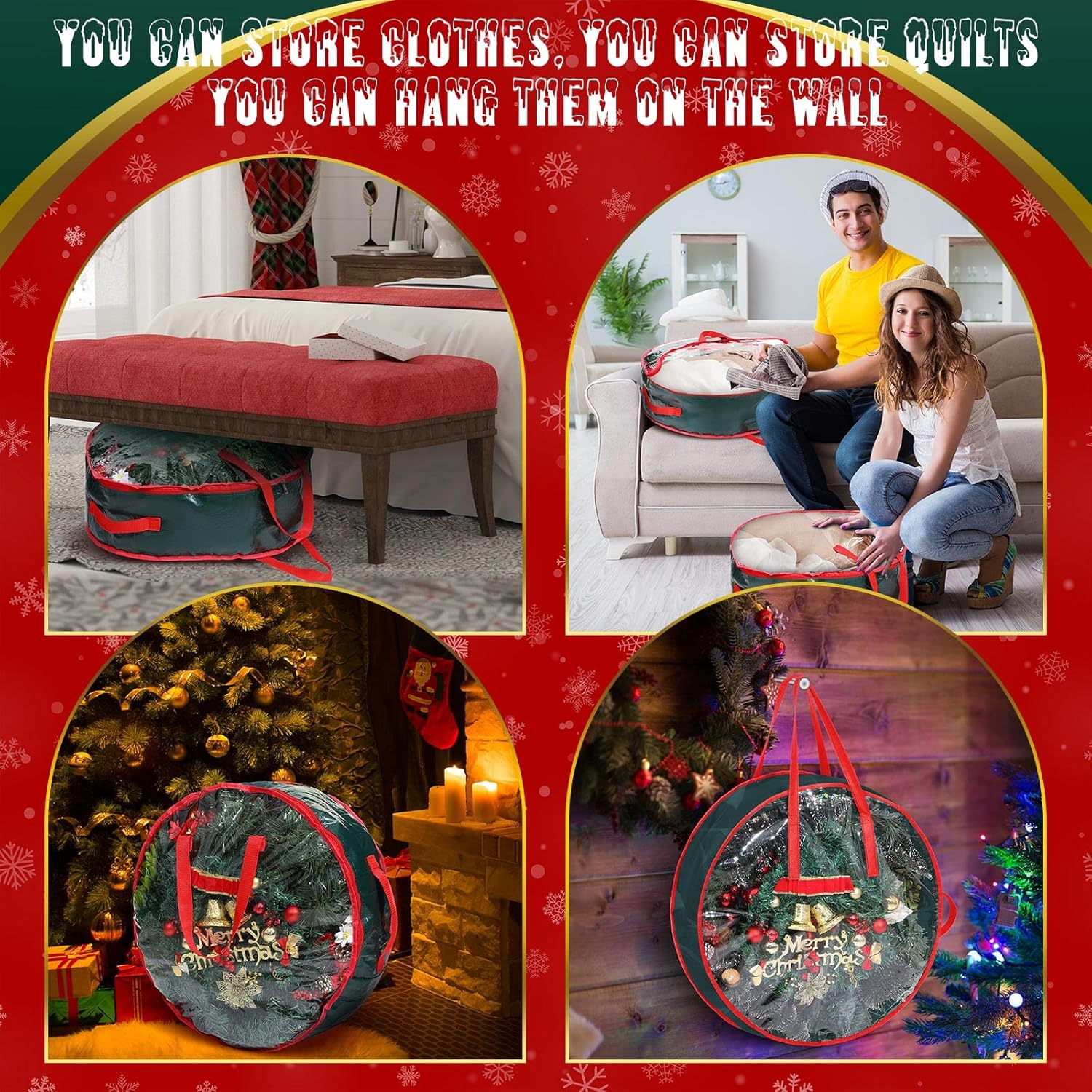 Shappy Christmas Wreath Storage Bag - Clear Window Plaid Container with Handles | 30 x 7 Inch, Green