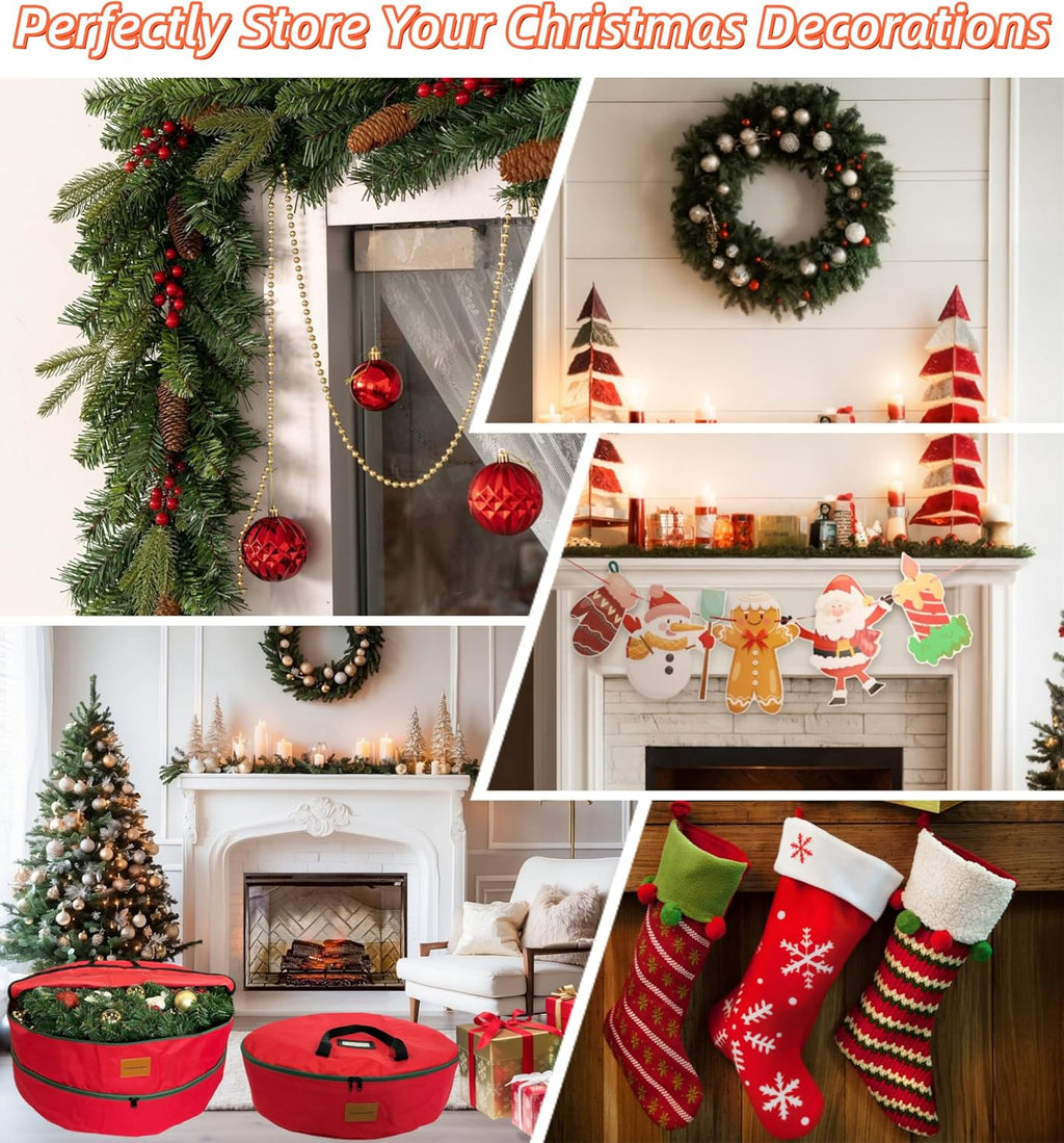 Skiennix Wreath Storage Container - Heavy Duty 600D Oxford Cloth, 30x12 Inch, Red Double Storage Bag for Christmas Wreaths