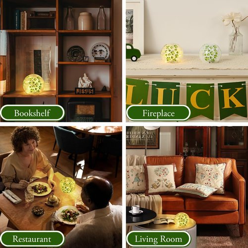 FRAMICS 2 PCS St Patricks Day Decorations 4" Shamrock Globe Night Light with Timer Clover Crackle Glass Ball Light for Table Centerpieces Lighted Decorative Ball Lamp Tabletop LED Light Decor Gift