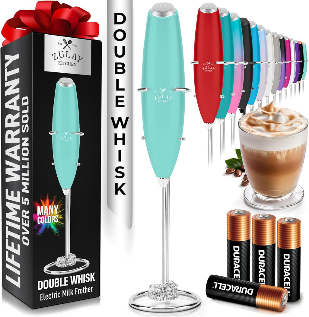 Zulay Kitchen Milk Frother - Powerful Handheld Whisk for Coffee, Lattes & Hot Chocolate | Includes 4 Duracell Batteries