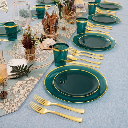 LIYH 180 Pcs Clear and Green Gold Plastic Christmas Plates - Emerald Green Disposable Plastic Dinnerware Sets, Include Dishes, Tableware, Cups for Party & Christmas & Wedding 30 Guests