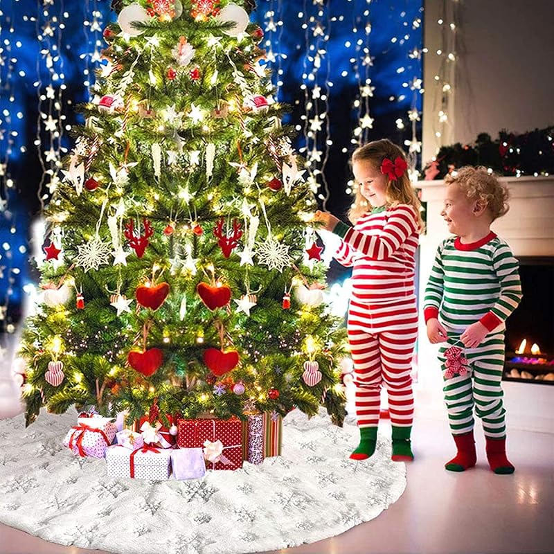 Luxury Snowy White Plush Christmas Tree Skirt 57 Inches with Silver Snowflakes