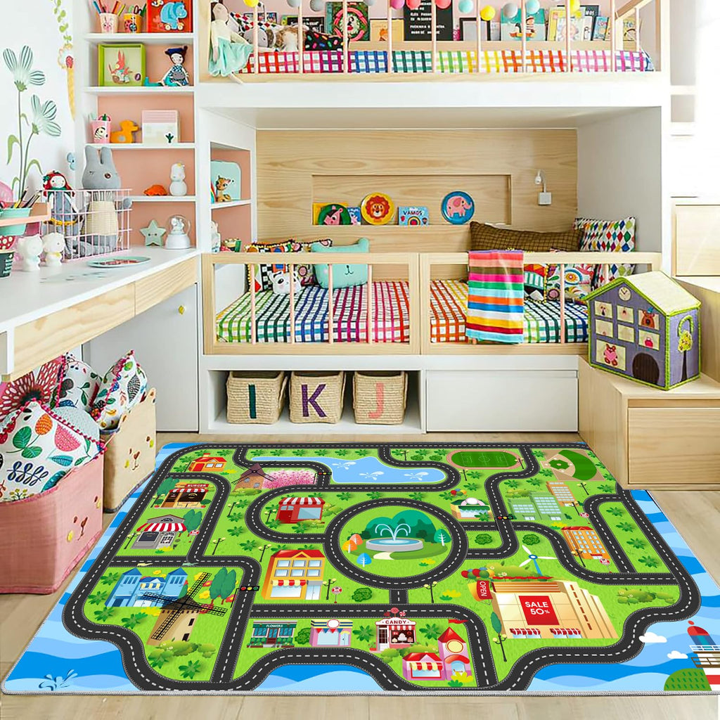 nanshiba Car Rug,Kids Play Rug with Roads,Playroom Toy Car Rug, Car Track Rug City Map for Bedroom Classroom - (78.7X59 Inches)