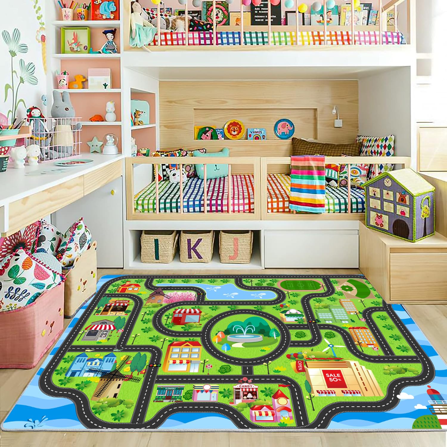 nanshiba Car Rug,Kids Play Rug with Roads,Playroom Toy Car Rug, Car Track Rug City Map for Bedroom Classroom - (78.7X59 Inches)